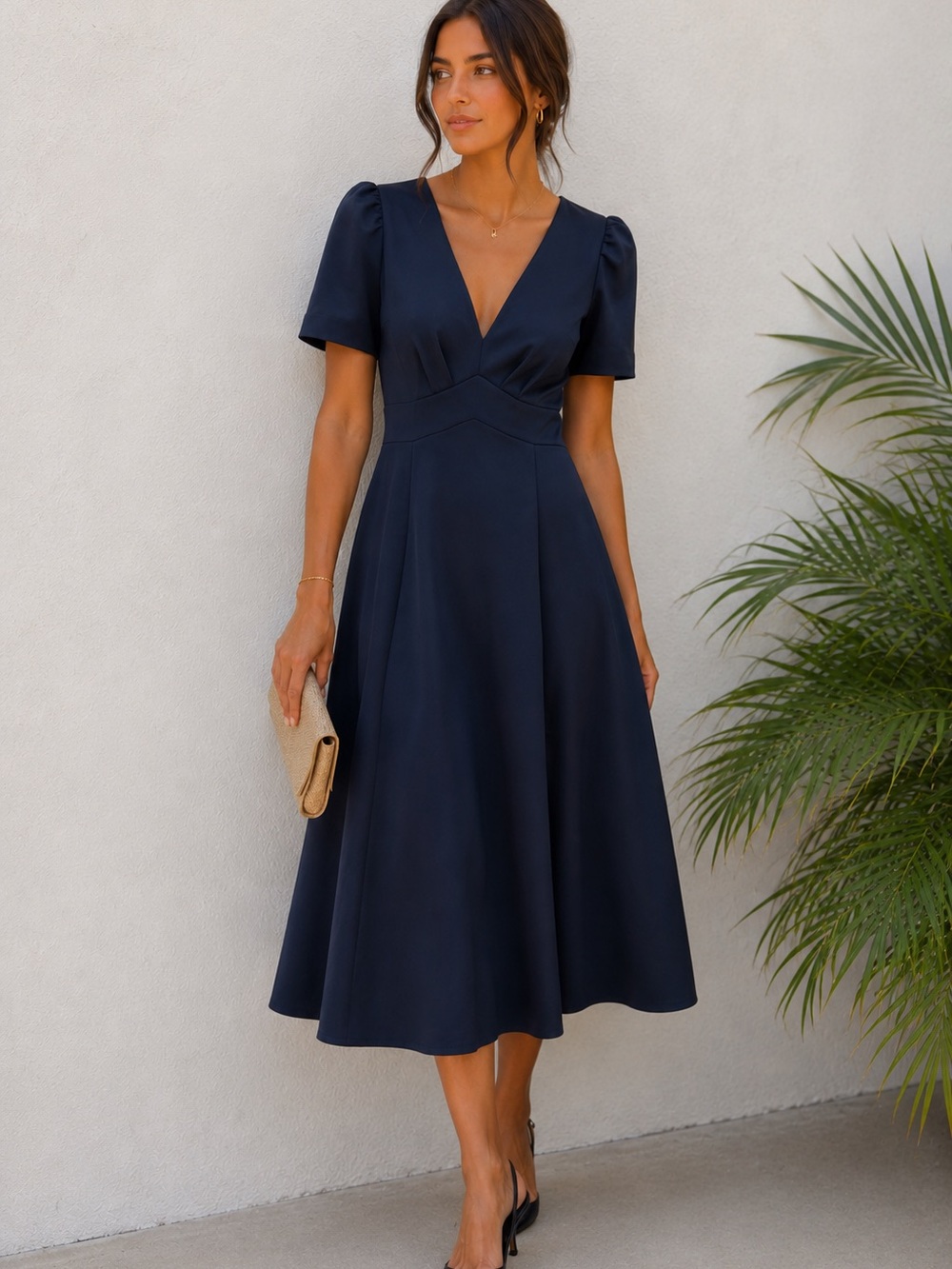 Marc New York Navy V-Neck Midi Dress with Puff Sleeves